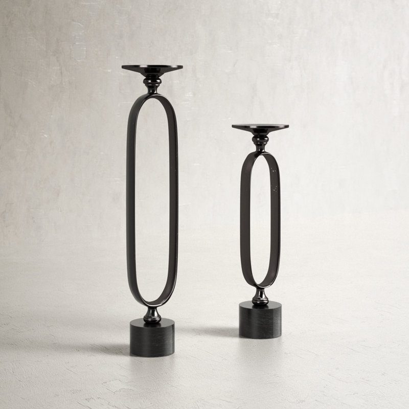 Black Aluminum and Marble Tabletop Candlestick Set