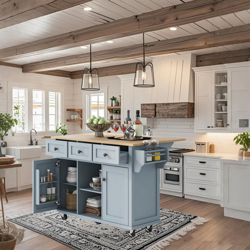 Rolling Kitchen Island Cart with Drawer and Storage Cabinets, Blue