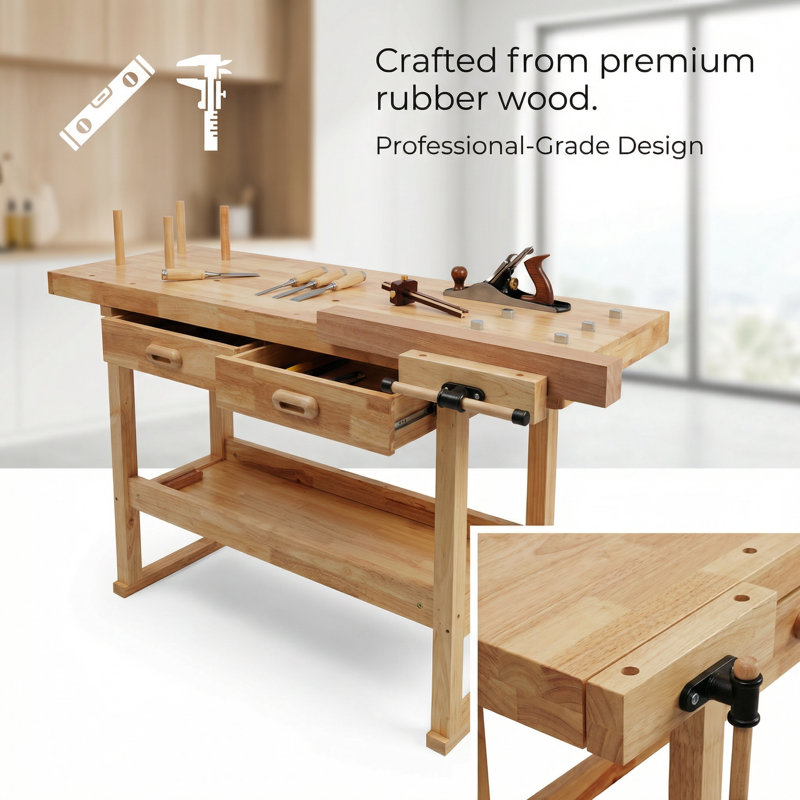Établi professionnel en bois massif de 60 pouces avec deux tiroirs et une tablette ouverte, finition naturelle pour les projets de menuiserie de garage, d'atelier et de maison