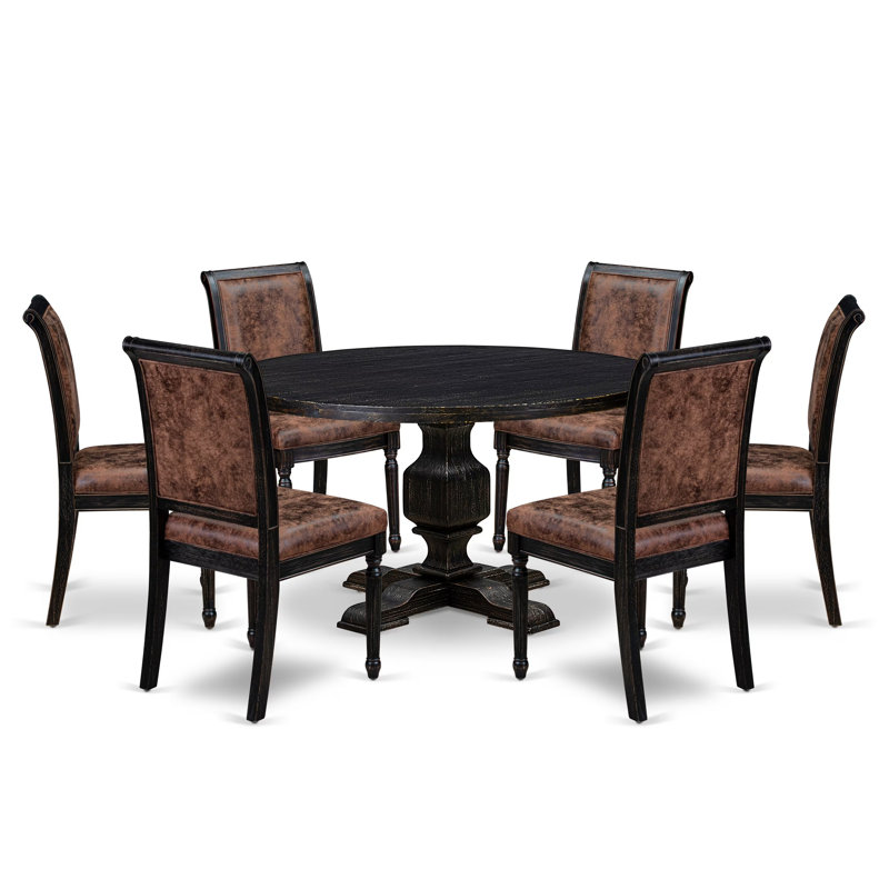 Cet ensemble de salle à manger 7 pièces comprend une table de cuisine ronde et moderne et 6 chaises en polyester texturé brun à haut dossier avec une finition noire sablée.