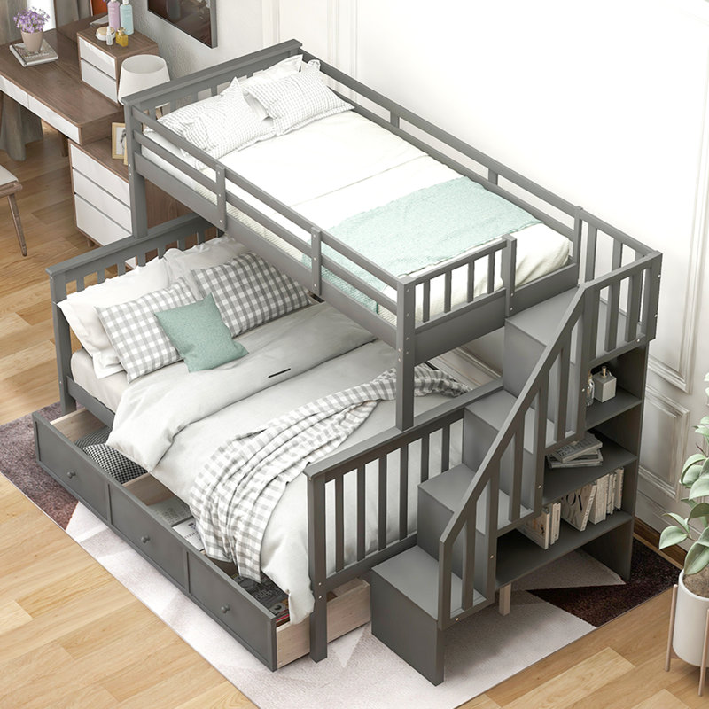 Lit superposé simple au-dessus d'un lit double avec tiroir, rangement et barrière de sécurité Stairway, Gris