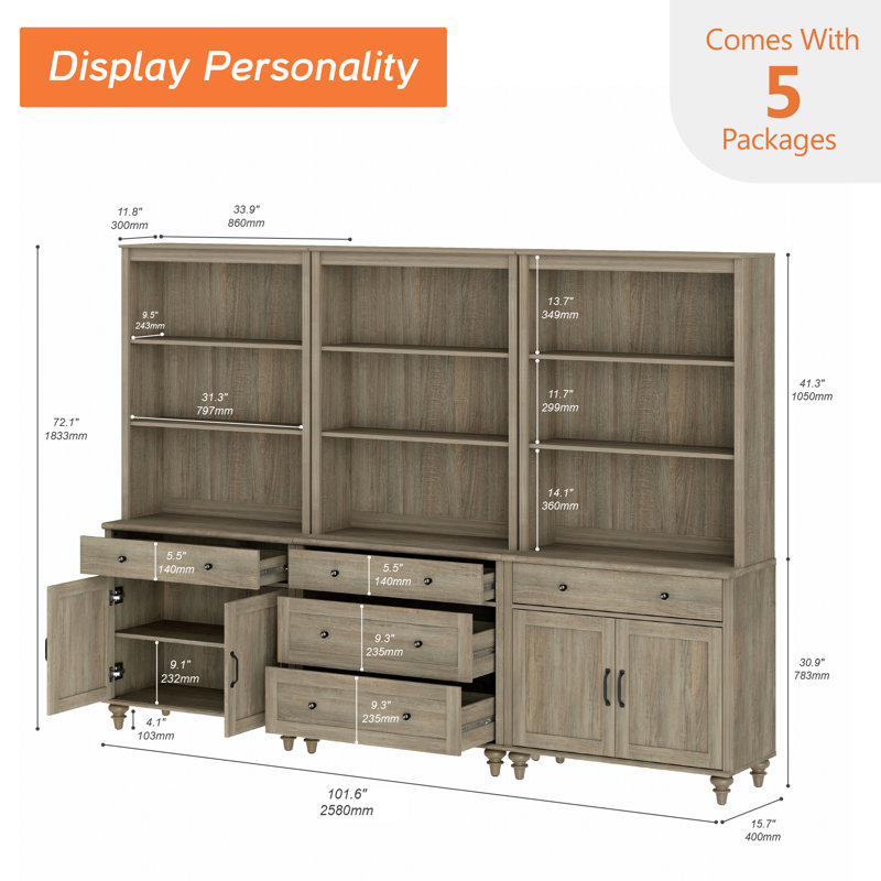 Buffet avec bahut, buffet avec 4 portes en bois, 5 tiroirs et 3 tablettes à niveaux, 101 po, Gris délavé
