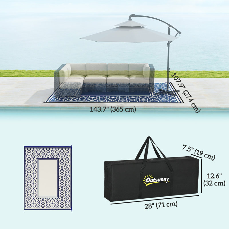 Reversible Outdoor Rug,  Waterproof Plastic Straw Floor Mat, Portable RV Camping Carpet, Large Floor Mat for Backyard, Deck, Picnic, Beach, Blue & White Gourd Border