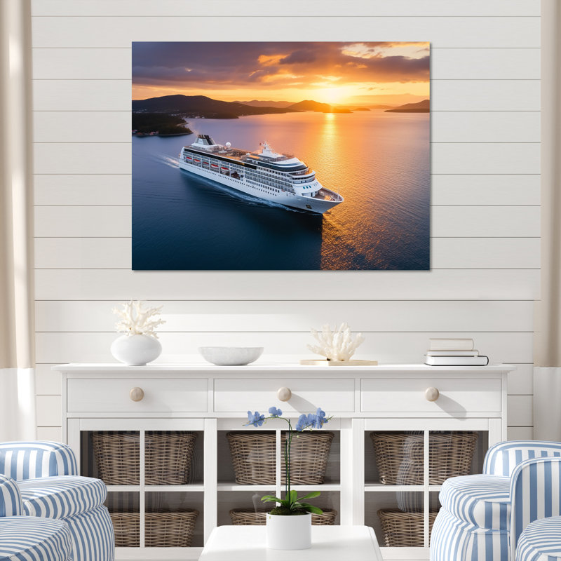 Serenity Voyage Croisière à l'aube - Bateau côtier, art mural, Toile tendue, H 24 po x l 32 po x P 1 po