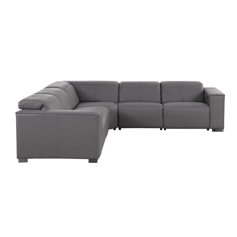 Luxurious Genuine Leather 5-Piece Sectional With 3 Power Reclining Seats & Power Headrest, Gray