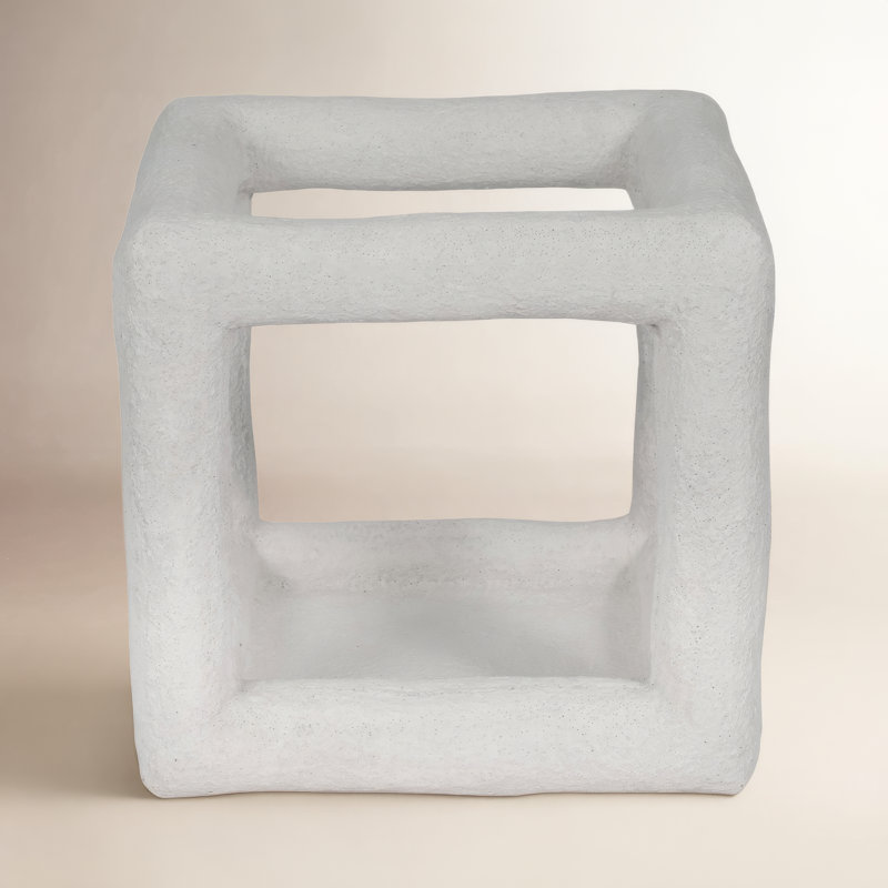 Decorative Textured Open Square Sculpture for Living Room Decor - Pottery Cement Object Accent for Tabletop Display or Home Decoration - White