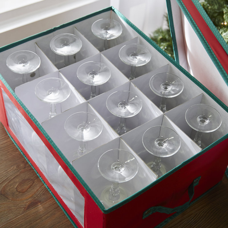 Boîte de rangement pour verre à vin des Fêtes dans un cadre solide, poignées, panneau avec fenêtre et 12 compartiments