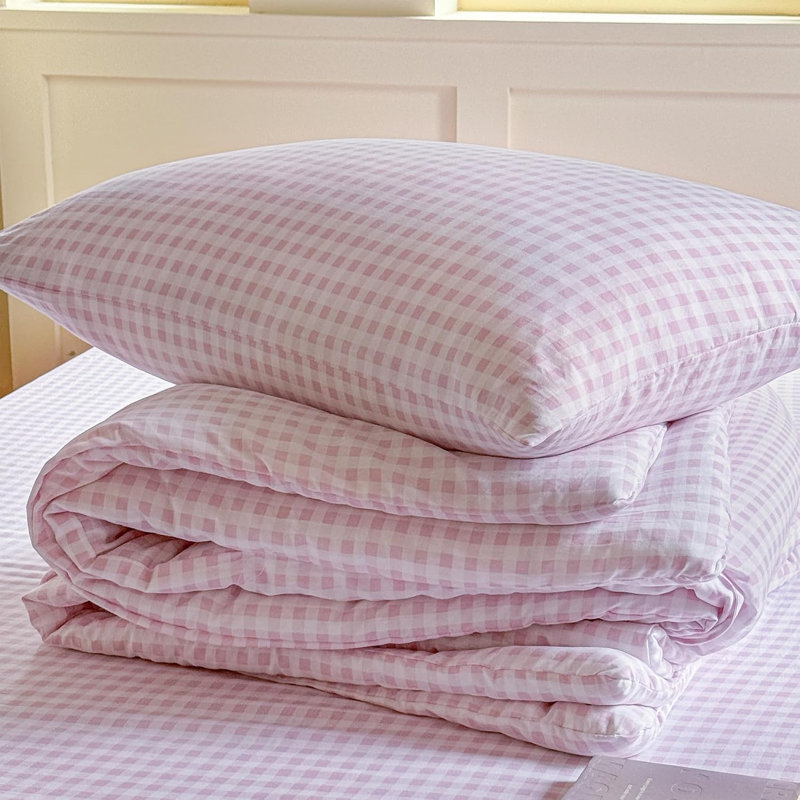 Ensemble d'édredon en microfibre prélavée Gingham, Édredon grand et 2 taies d'oreiller, Vichy écossais rose