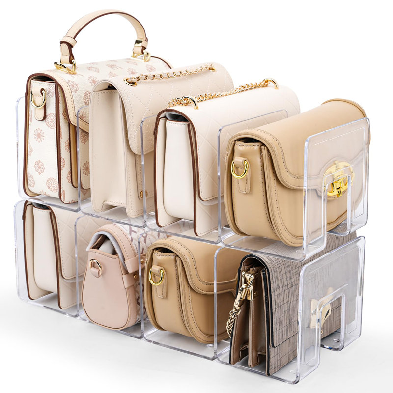 2 Pack Acrylic Purse Organizer For Closet, 8-Slot Bag & Purse Organizer, No Assembly, Clear Handbag Storage Shelf .For Shelf Divider Handbags, Clothes, Sweater