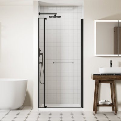 32-36" W x 72" H Frameless Pivot Shower Door with 1/4" (6mm) & 5/16" (8mm) Tempered Glass, Swing Shower Door with Towel Bar & 105° Anti-Collision Stop, Brushed Nickel Finish