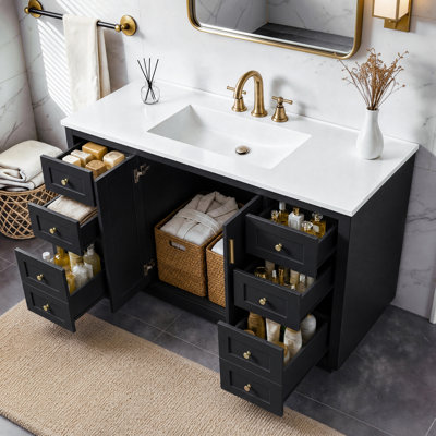 Meuble-lavabo de salle de bain de 122 cm (48 po) avec lavabo, meuble-lavabo autoportant en MDF avec 6 tiroirs et 2 portes à fermeture amortie, poignées dorées, fini peint lisse