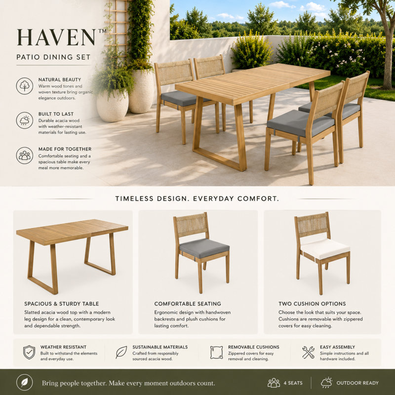 Ensemble de salle à manger d'extérieur en bois d'acacia massif 5 pièces avec table rectangulaire et 4 chaises HAVEN Beige