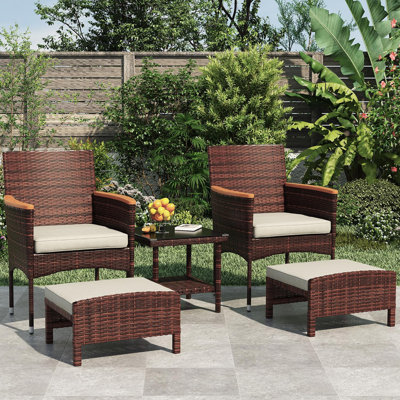 Ensemble de mobilier d'extérieur 5 pièces avec table et repose-pieds Ensemble de patio en osier bistro (coussin en osier brun et kaki)