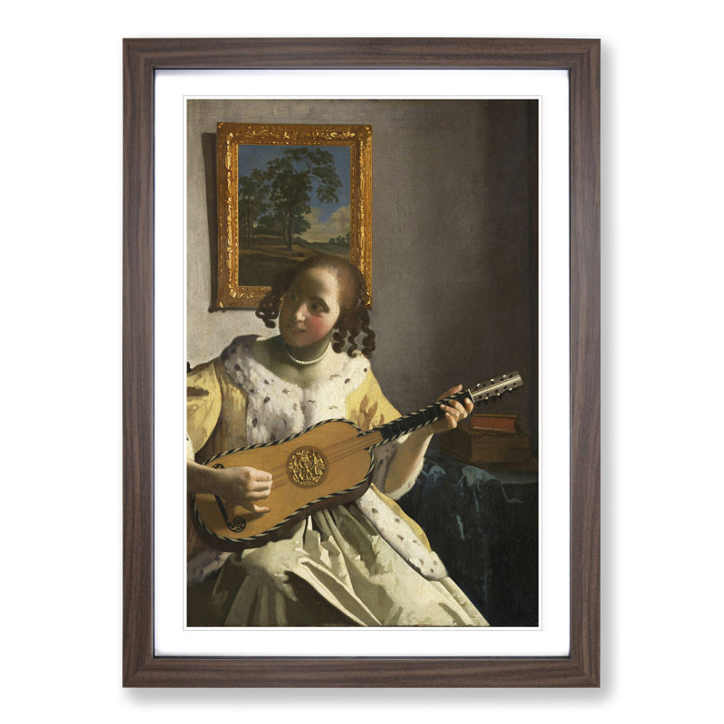Girl Playing Instrument by Johannes Vermeer - Picture Frame Painting, Walnut Framed, 36cm H x 27cm W x 2cm D