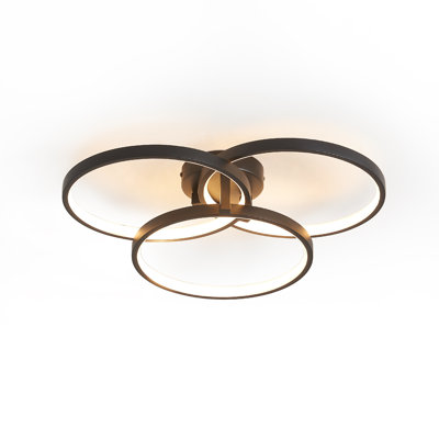 20 Inch Black LED Flush Mount Light, 3-Ring Design With Opal Glass Shades