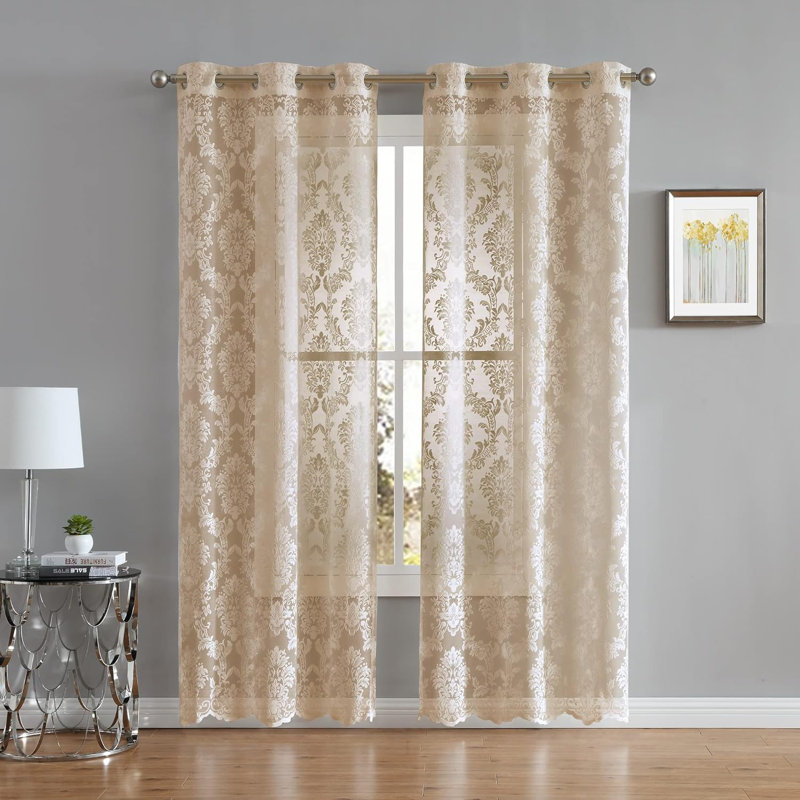 Pair Of Color Knitted Lace Curtains With 6 Grommets Per Panel, Gold, 38" W x 63" L 