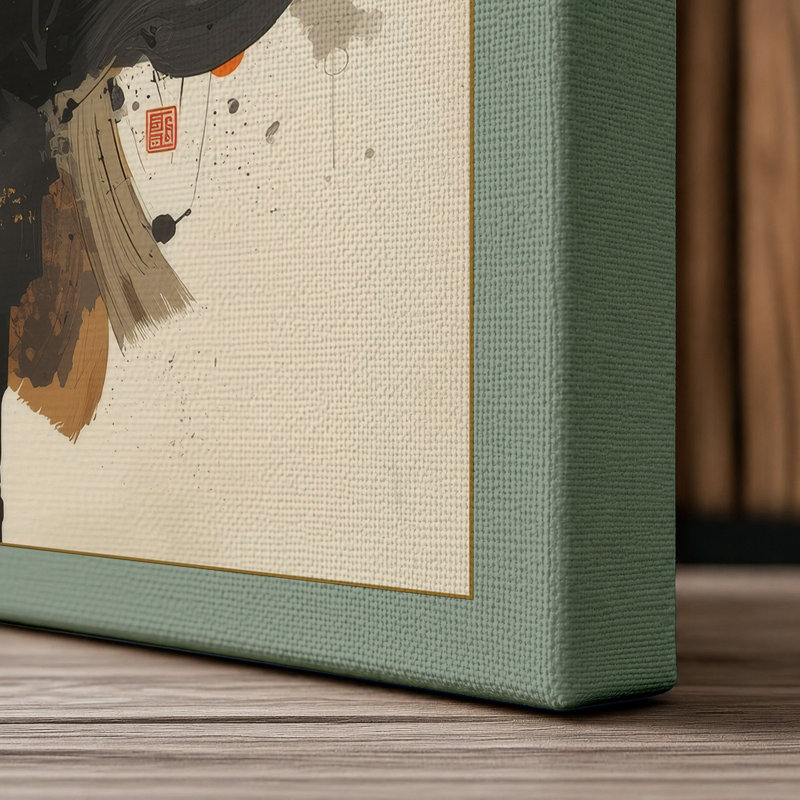 Fox in Ink Japandi - Wrapped Canvas, 36x24 - 91.4 x 61.0 cm, Sage Border