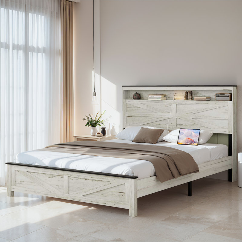 Base de lit plateforme avec tête de lit en bois et station de charge, Double