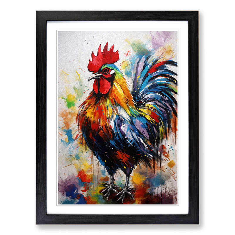 Rooster Gestural No.2 - Single Picture Frame Print on Wood, 46cm H x 34cm W x 2cm D, Black