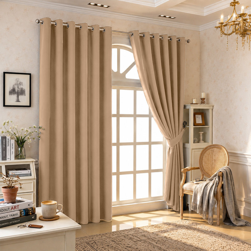 100 % Polyester Blackout Eyelet Room Darkening  Thermal Curtain (Set of 2), 117 cm Width x 137 cm Drop, Beige
