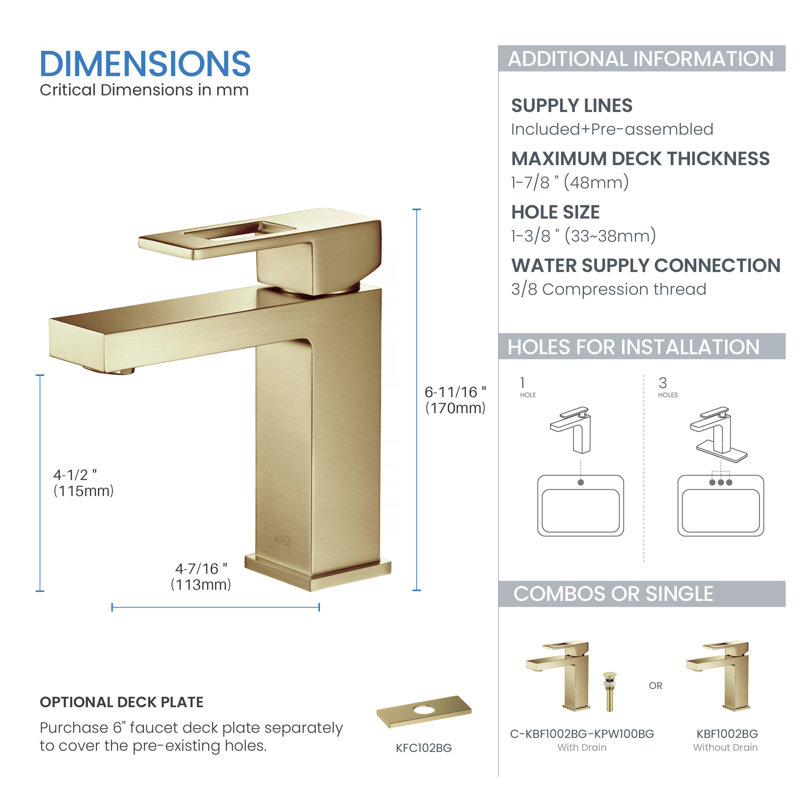 Cube Single-handle Bathroom Faucet, Brushed Gold, Drain Assembly Included