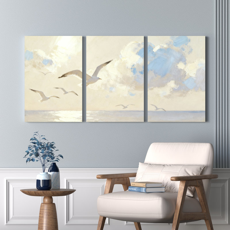 Mouettes volant au-dessus de l'océan ciel, ensemble de 3 reproductions d'art sur toile tendues, H 30 po x l 60 po