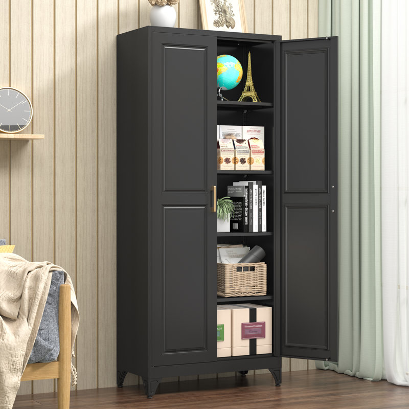 Black Kitchen Pantry Cabinet, 75" Tall Pantry Cabinet with Drawer, Metal Storage Cabinets with Doors and Shelves, Freestanding Food Cupboards for Dining & Living Room