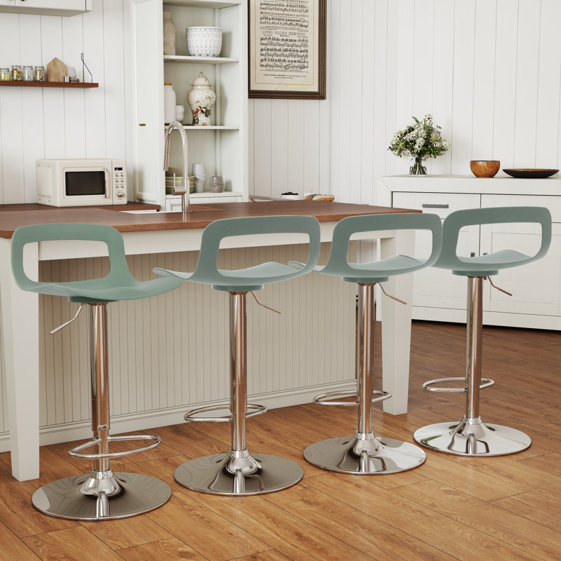 Tabouret tournant à hauteur réglable Vahig avec structure en métal, ensemble de 4, Siège vert / cadre argenté