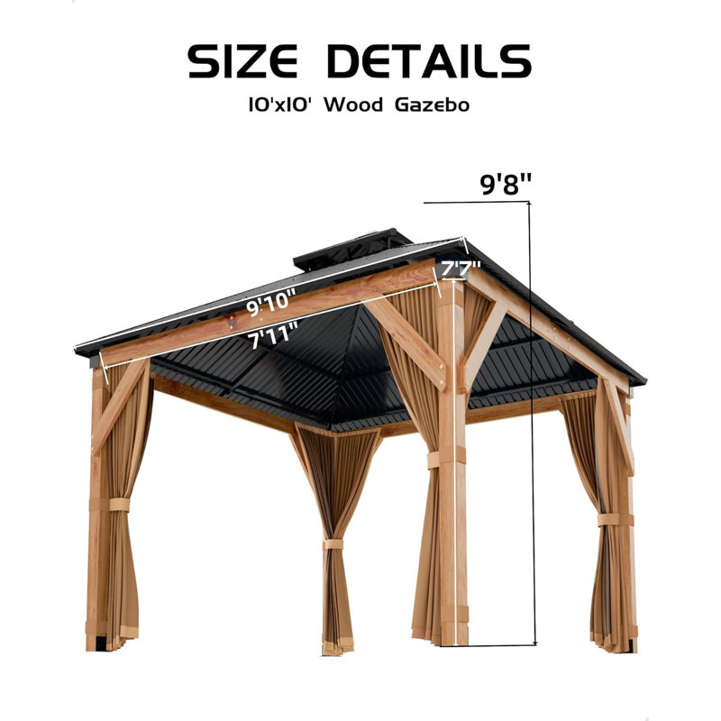 10x10Ft Wooden Hardtop Gazebo, Double Metal Roof, Permanent Pavilion with Curtains & Netting, Heavy Duty Gazebo with 4.7'' Reinforced Poles, Spruce Wood, Outdoor Gazebo for Patio, Backyard, Garden