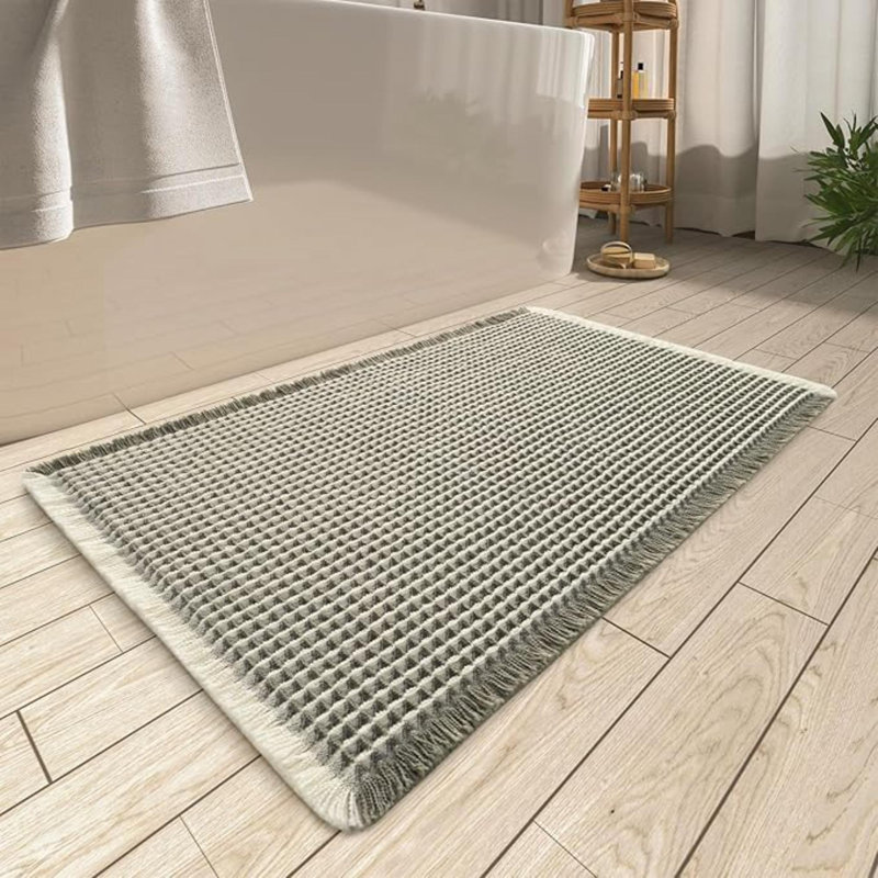 Upgraded Waffle Bath Mat, Super Absorbent Non Slip Bath Mats For Bathroom Floor, Machine Washable Bathroom Rugs With Tassels, Rubber Backed Bathroom Mats, Ultra Soft, 17" X 24"