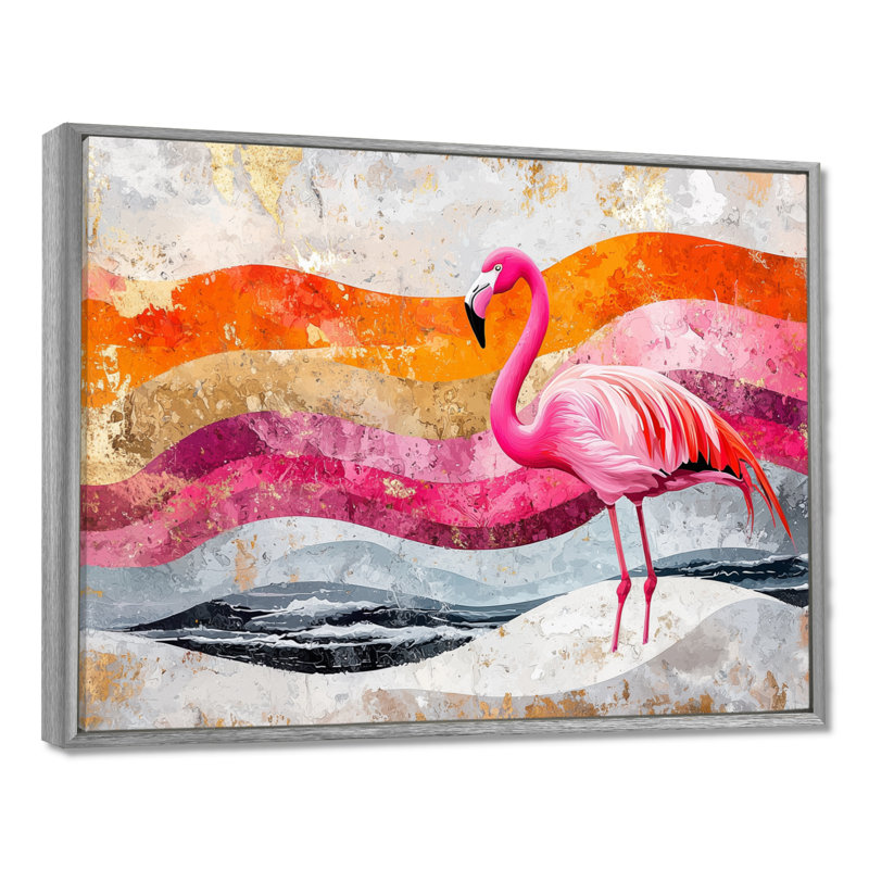Or rose, flamant rose sur un paysage de plage audacieux I - art mural flamant rose, Argent argent, Cadre flottant