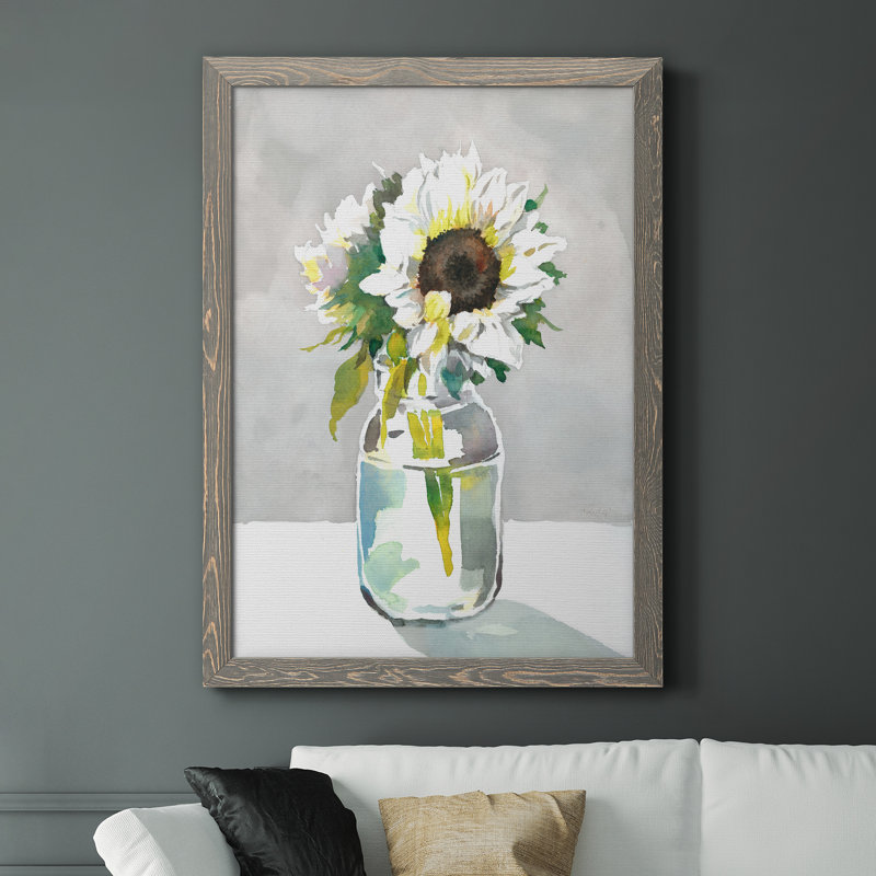 Tournesol I - peinture sur toile encadrée, H 37,5 po x l 27,5 po x P 1,5 po, Encadré gris
