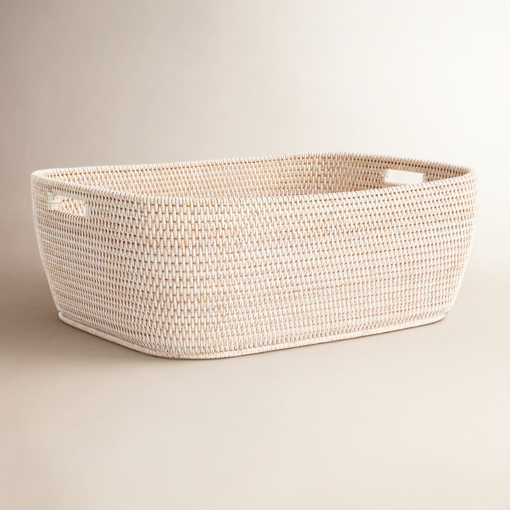 Handmade Rattan Storage Bin, White Wash, 9" H x 26" W x 20" D