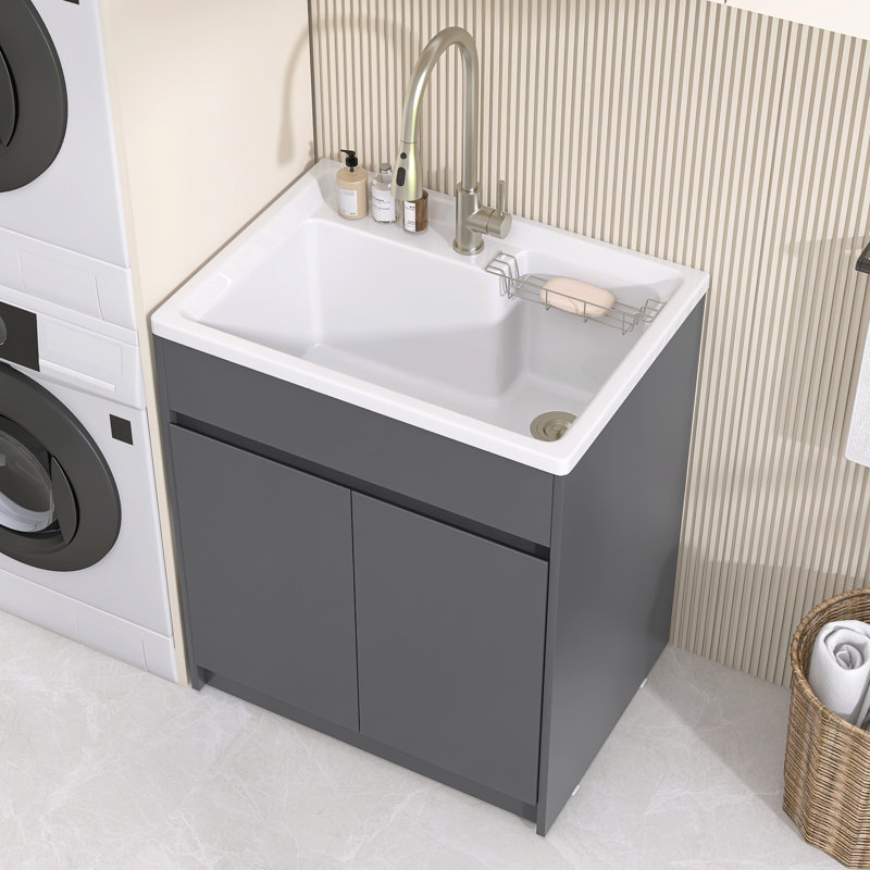 30 Inch Kitchen Sink Laundry Soild Surface Sink With Gray Standing Storage Cabinet
