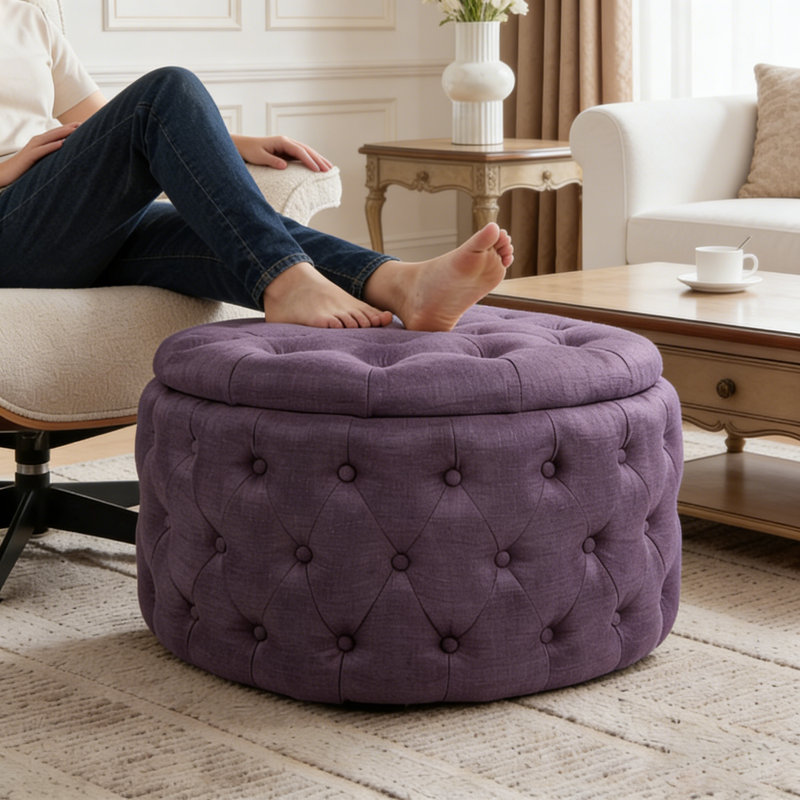 Fully Assembled Round Storage Ottoman with Deep Diamond Tufting and Hidden Storage, Purple Linen