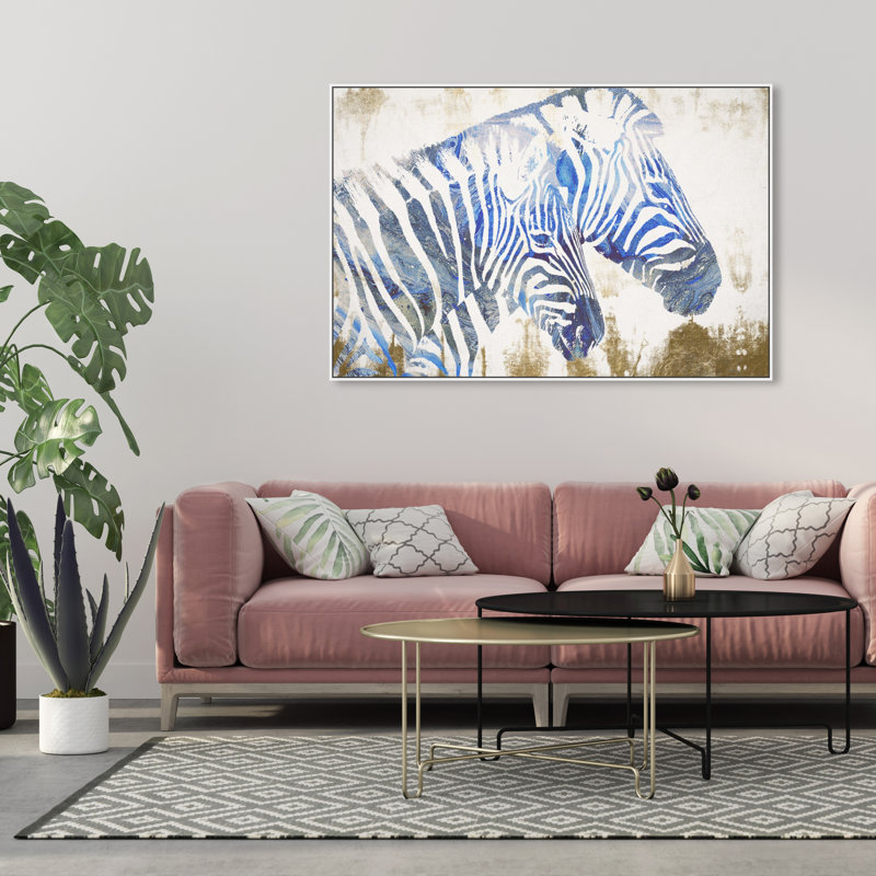 Indigo Stripes, Jungle Paint Stripes Rustic Blue - Peinture sur toile pour le salon, Cadre en bois blanc, H 21 po x l 31 po