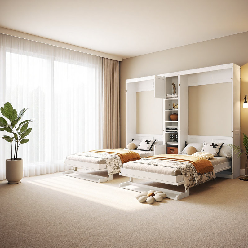 Lits simples escamotables doubles avec armoires et tablettes, Blanc