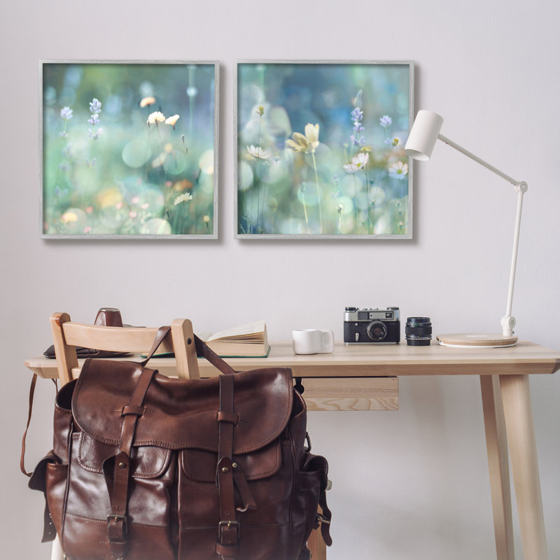 " Sunlit Daisy Field " by Kate Carrigan 2 - Pieces, Farmhouse Grey Framed Giclee, 24" H x 48" W x 1.5" D