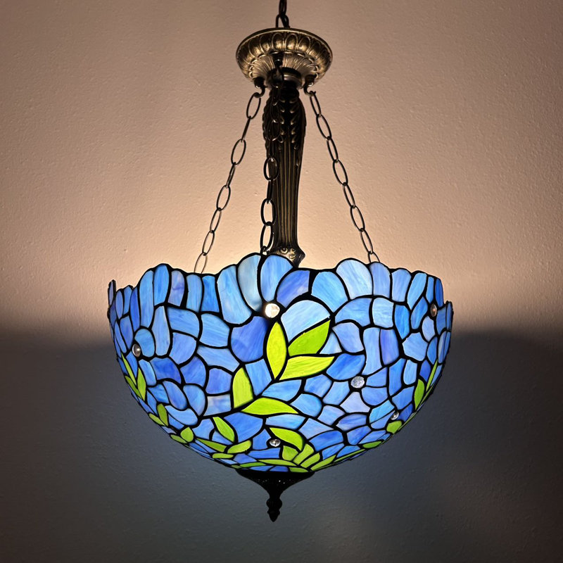 Olcay Tiffany Pendant Lights Stained Glass Green Leaves LED Bulbs Included 16" W*16"D*60" H, Blue/Green