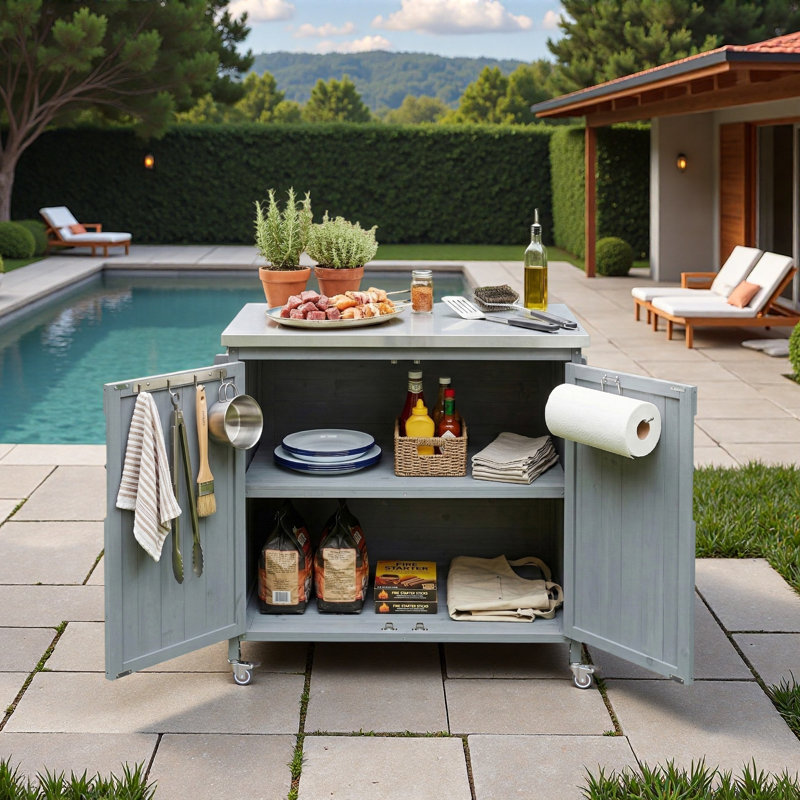 Îlot de cuisine extérieur avec tablette latérale, armoire de rangement, plateau en acier inoxydable, tablette réglable et 4 roulettes