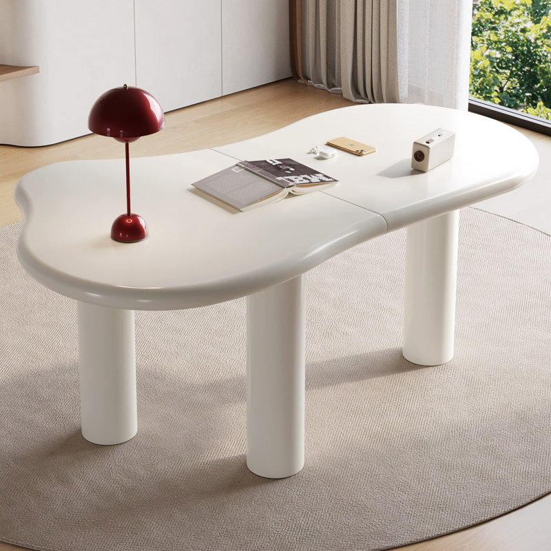 Abishan 65.98" Irregular Dining Table Modern Cream White Indoor Kitchen Table with three Legs ,Modern Executive Desk,Work Desk
