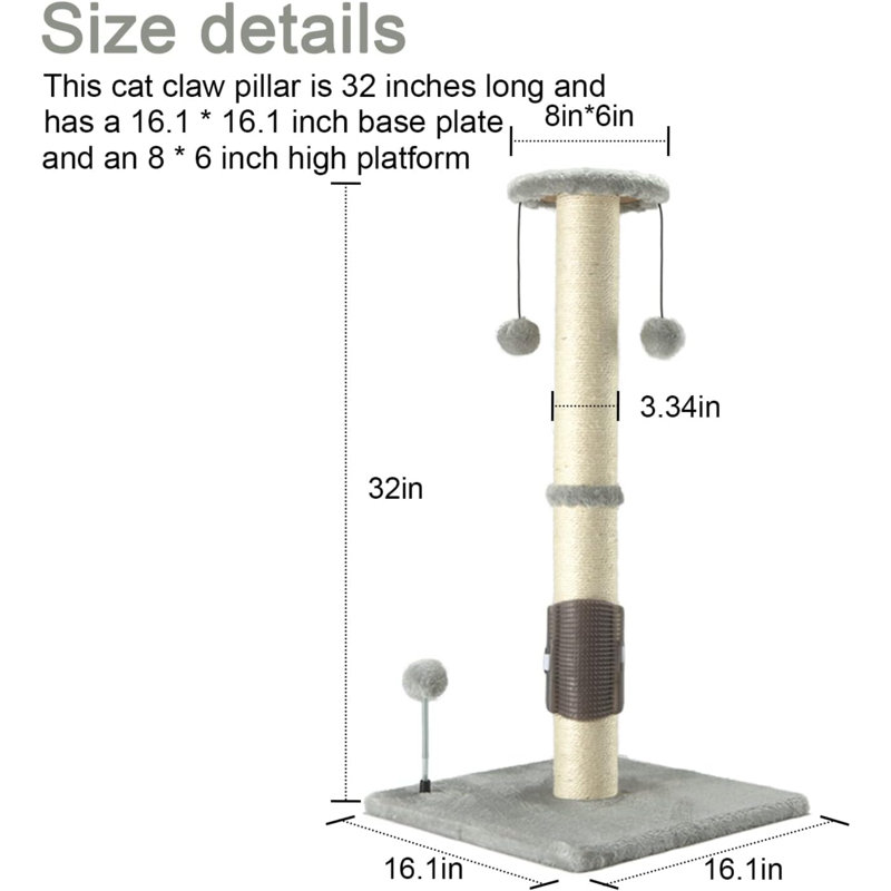 32" Tall Light Gray Sisal Cat Scratching Post with Hanging Ball and Brush