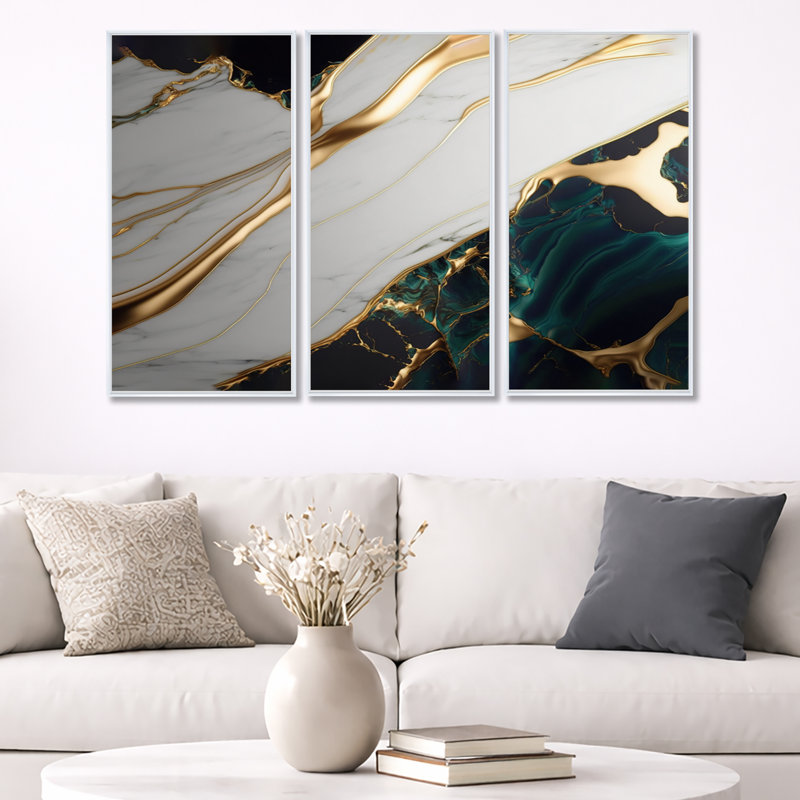 «Abstract Geode Gold and Green Marble II», reproduction sur toile 3 pièces, H 28 po x l 36 po x P 1 po, Cadre flottant blanc