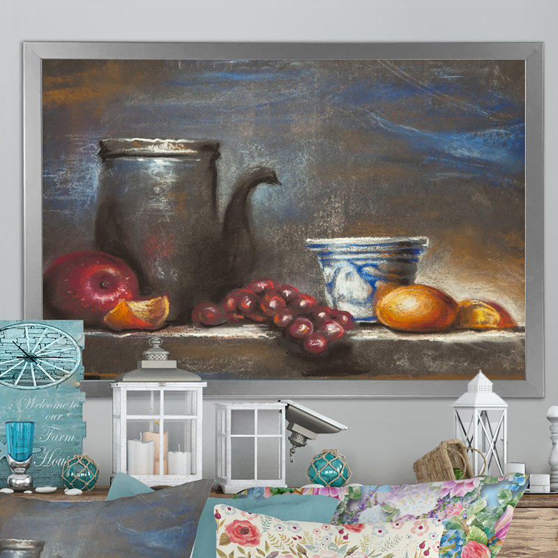 Nature morte aux fruits - Peinture sur toile encadrée, Cadre photo argenté, H 24 po x l 36 po x P 1 po