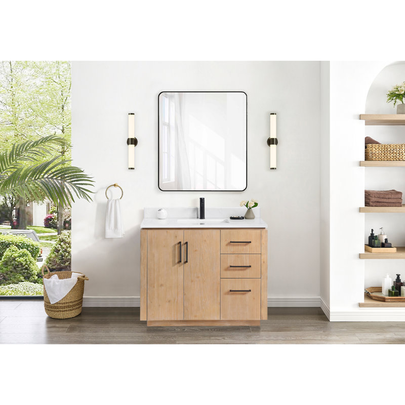 Meuble-lavabo simple 42 po avec plateau en pierre composite Cloverfield, Bois de sapin brun, Noir mat