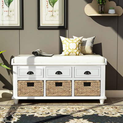 Banc de rangement rustique avec 3 tiroirs et 3 paniers en rotin, banc à chaussures pour le salon, vestibule