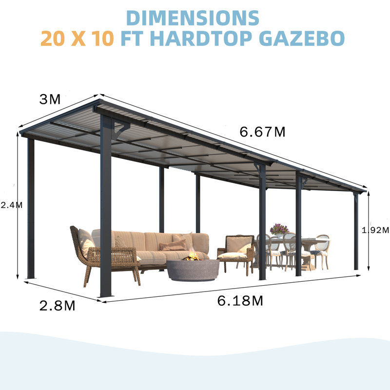 Wall-Mounted Large Lean To Metal Awnings For Patio, 240cm H x 667cm W x 300cm D