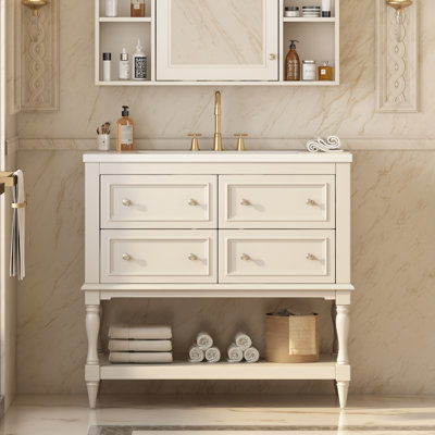Elegant Space-saving Bathroom Vanity Cabinet Solid Wood Frame With Ceramic Sink Modern Style