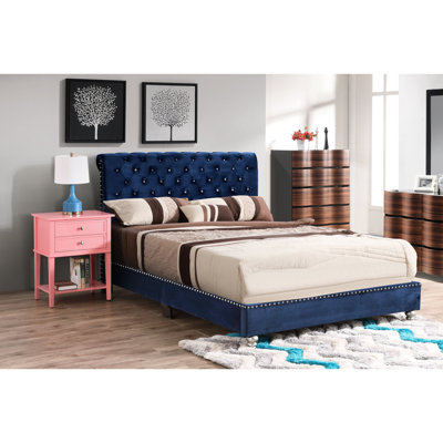 Lit tapissier bleu marine - Style transitionnel pour une chambre à coucher moderne de P 82 po x l 58 po H 48 po avec rembourrage en mousse pour une nuit de détente qui rehausse l'esthétique de la pièce et le confort