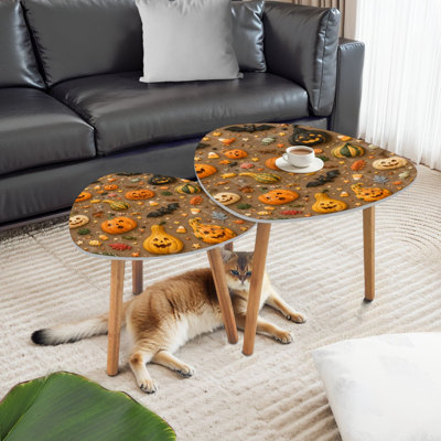 Triangle Nesting Coffee Table Set of 2 Halloween Pumpkins Bats Candy Corn Autumn Leaves End Table Modern Minimalist Side Table Set for Living Room Bedroom